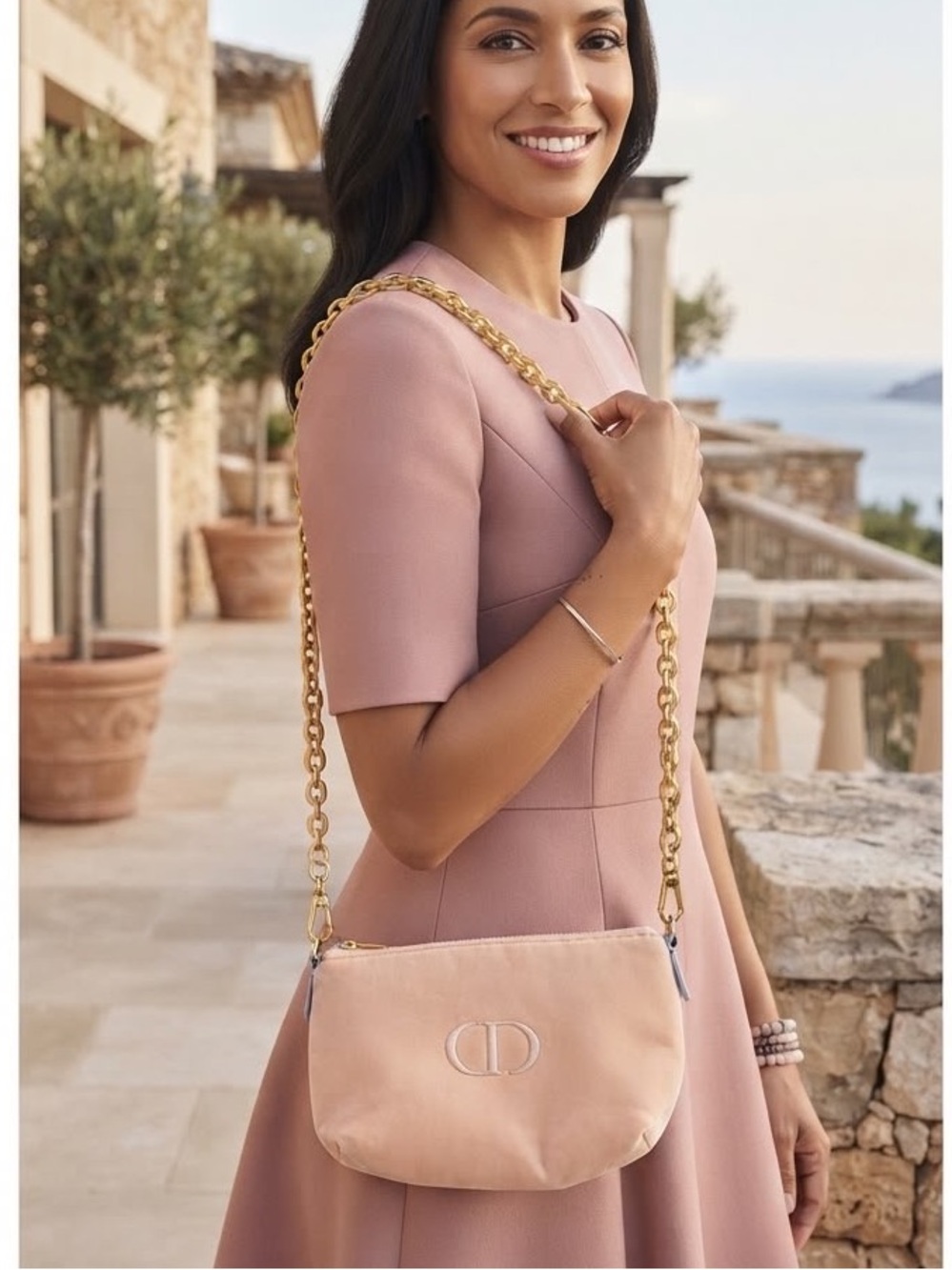 Perfect Day wear !Dior Peach Soft Velvet Cosmetic Bag with stunning Gold Chain